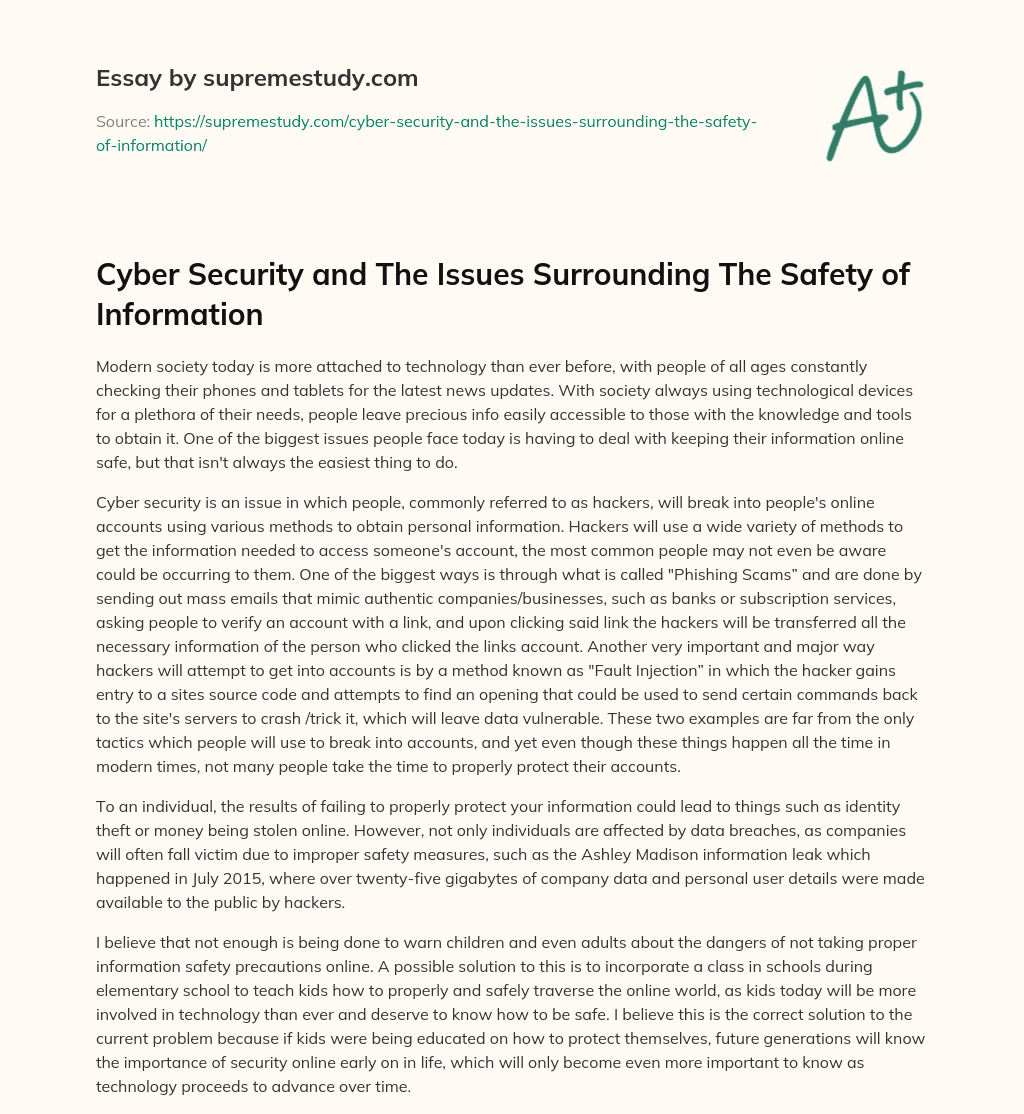 Cyber Security and The Issues Surrounding The Safety of Information essay