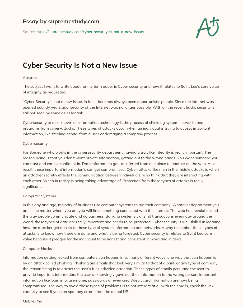 Cyber Security Is Not a New Issue essay