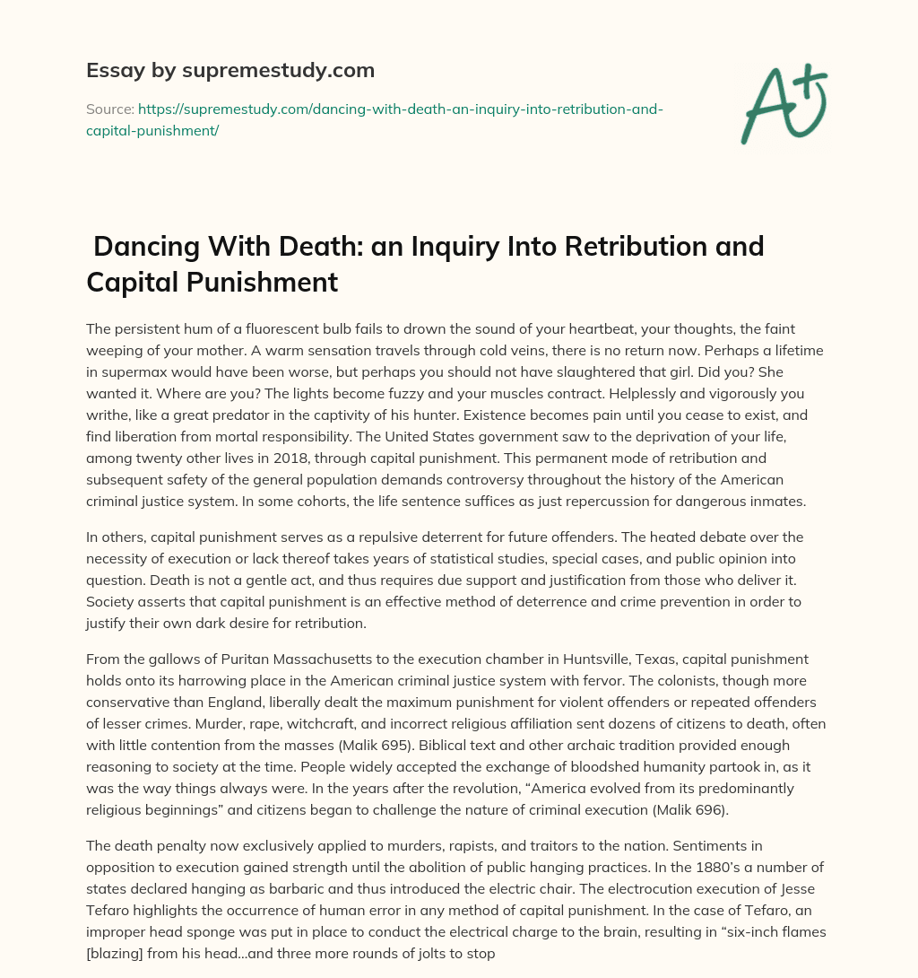 Dancing With Death: an Inquiry Into Retribution and Capital Punishment  essay