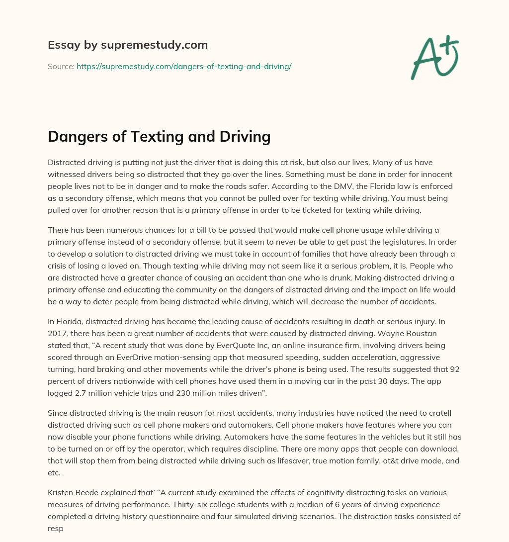Dangers of Texting and Driving essay