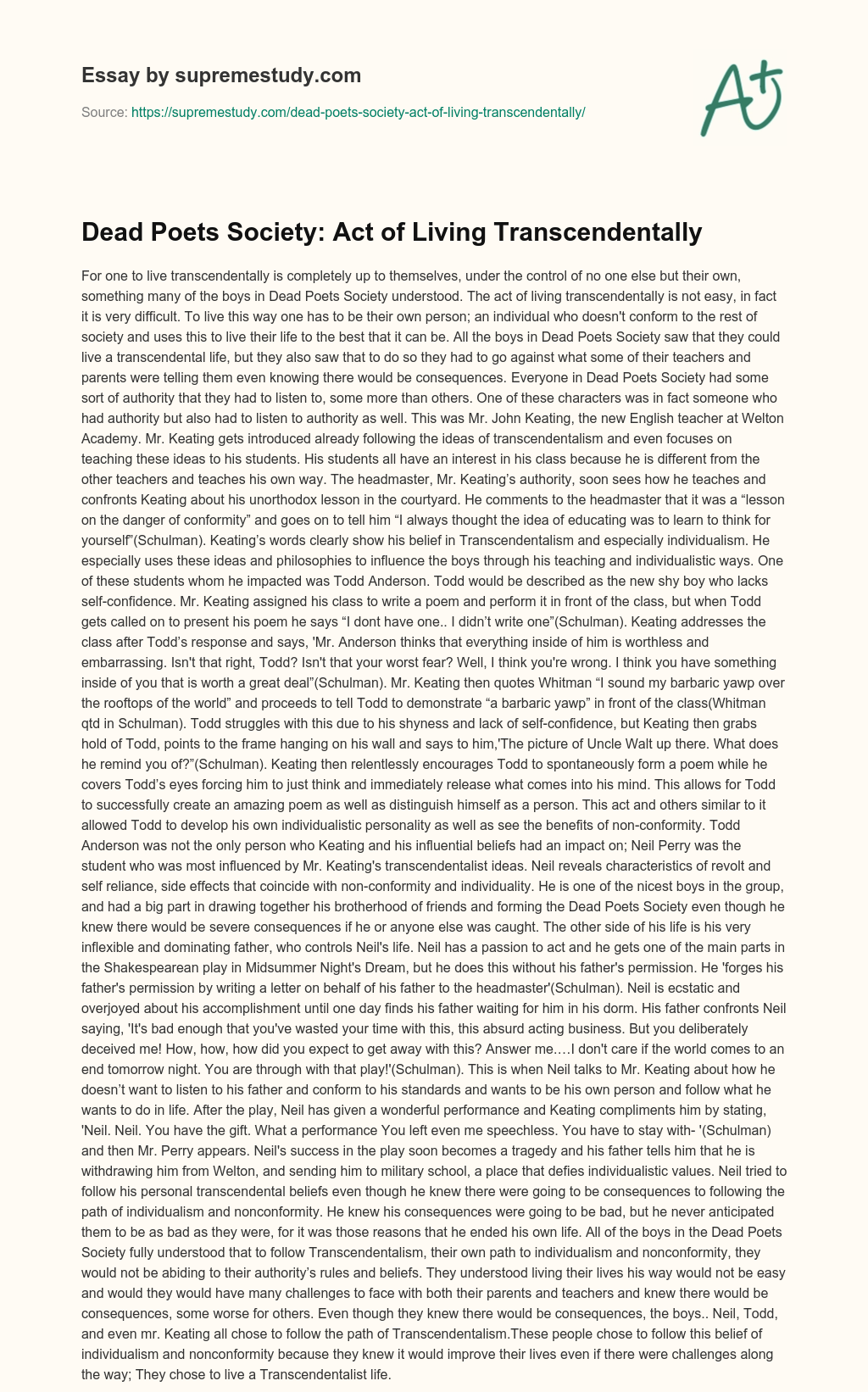 Dead Poets Society: Act of Living Transcendentally essay