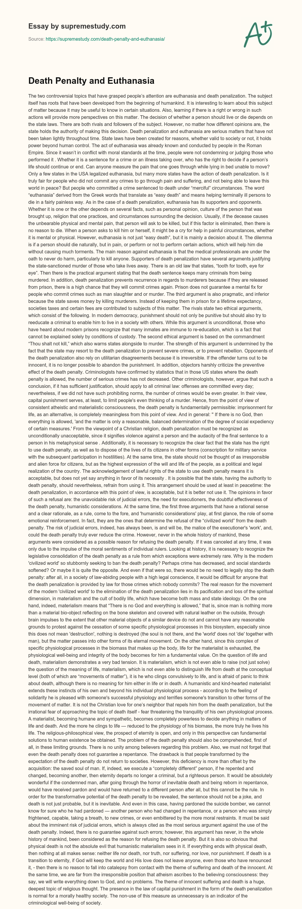 Death Penalty and Euthanasia essay