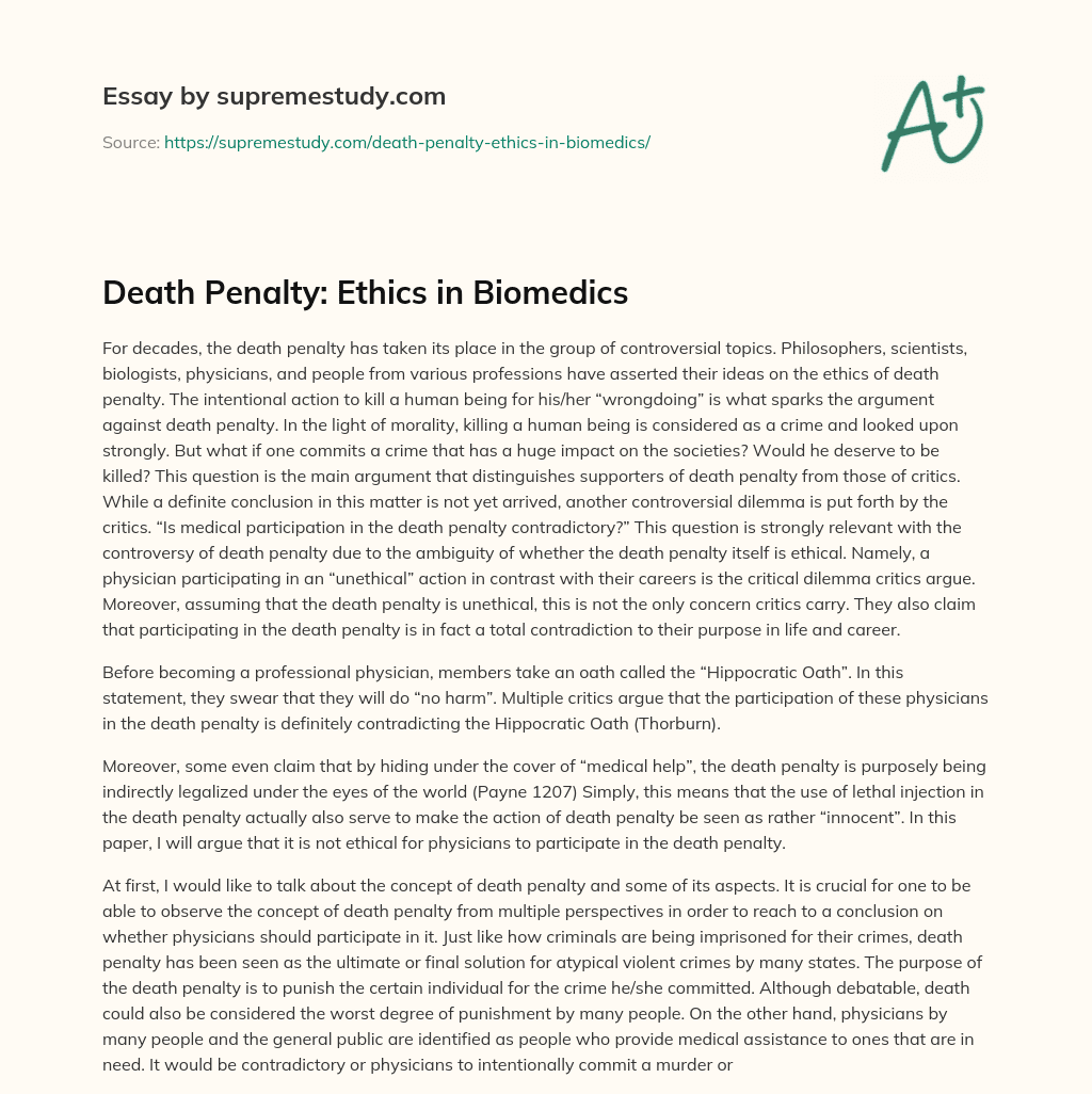 Death Penalty: Ethics in Biomedics essay