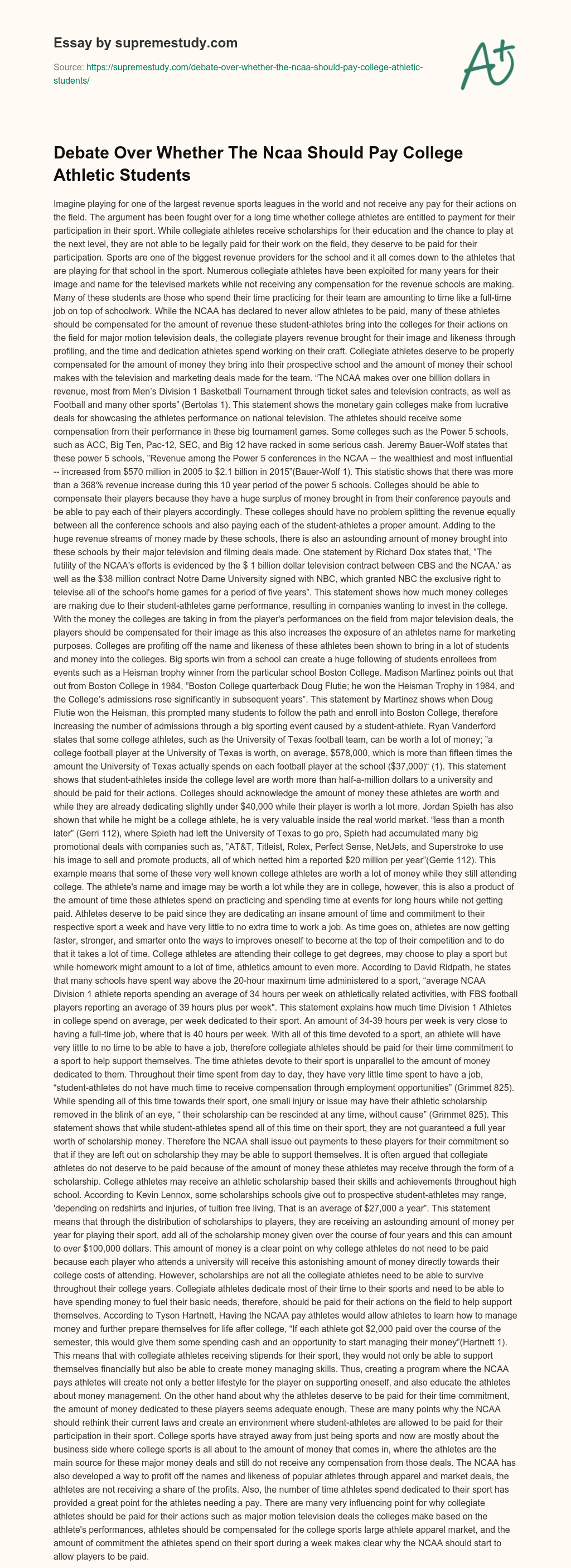 Debate Over Whether The Ncaa Should Pay College Athletic Students essay