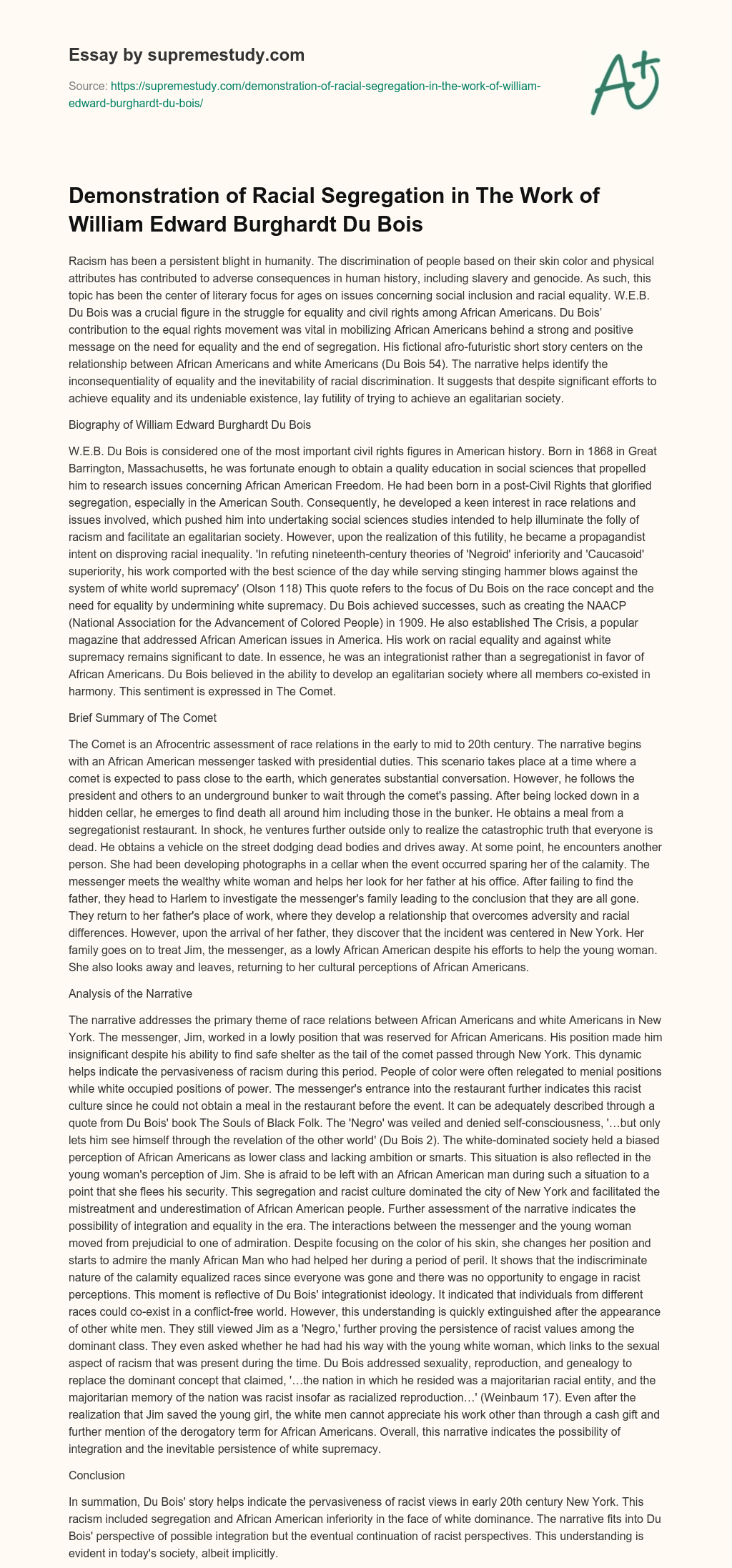 Demonstration of Racial Segregation in The Work of William Edward Burghardt Du Bois essay