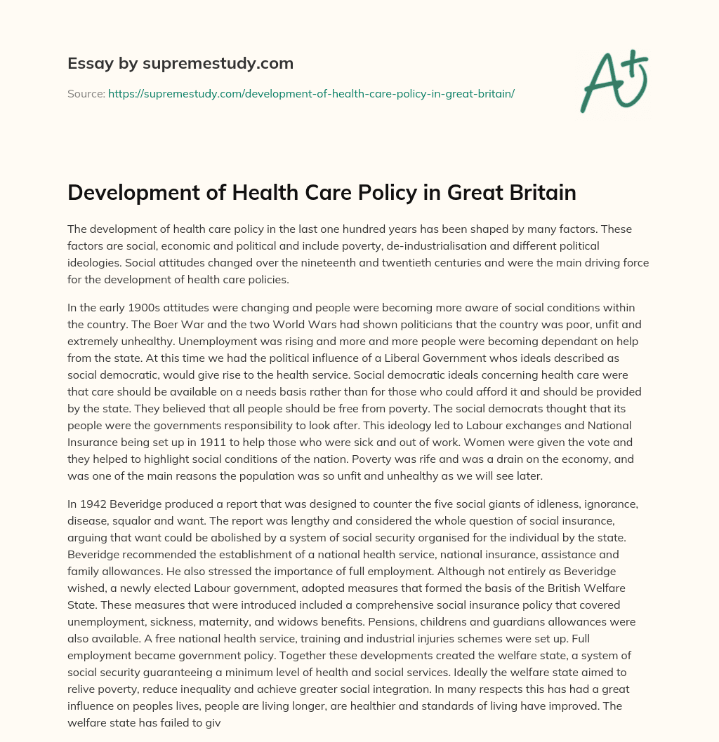 Development of Health Care Policy in Great Britain essay