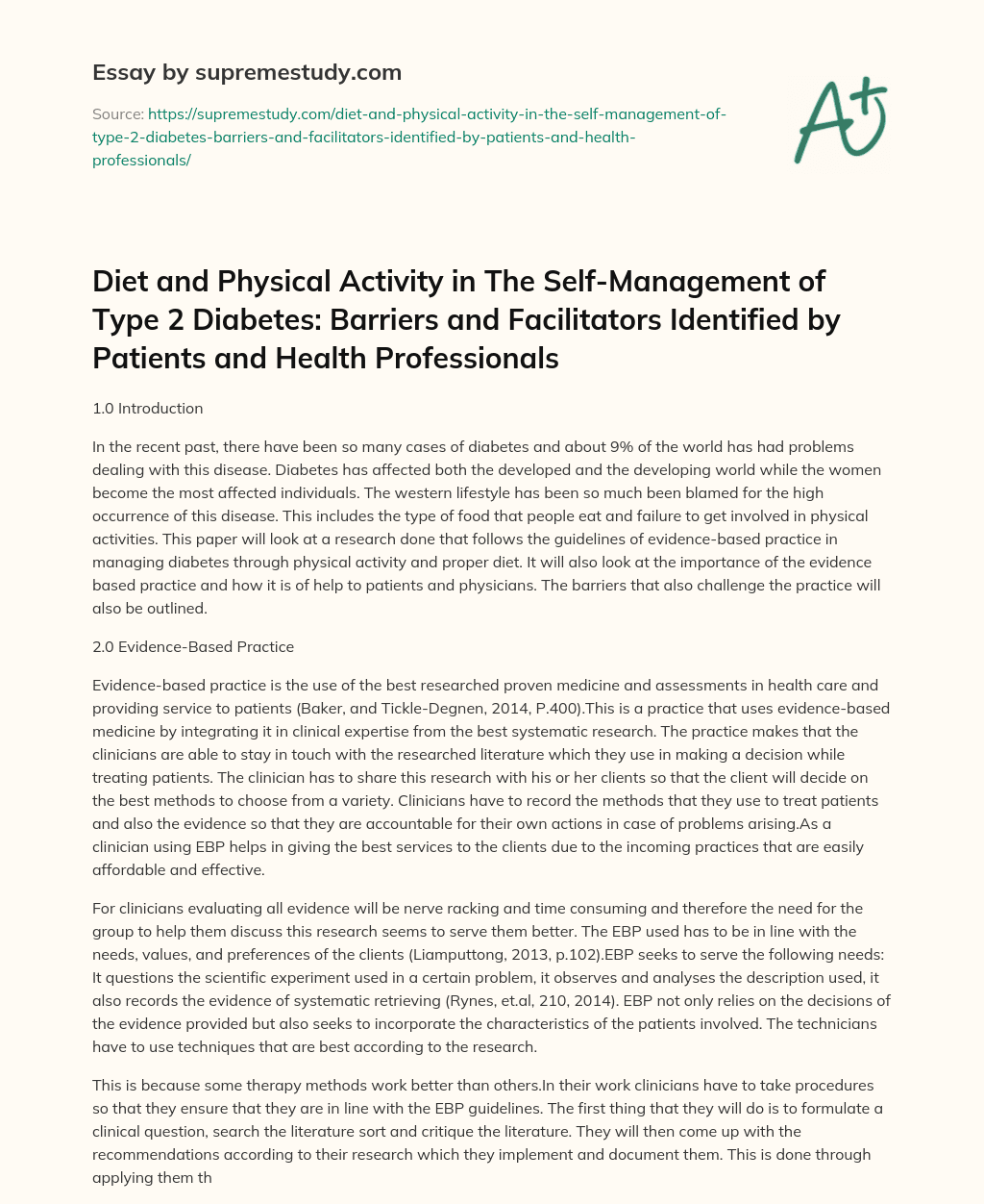 Diet and Physical Activity in The Self-Management of Type 2 Diabetes: Barriers and Facilitators Identified by Patients and Health Professionals essay