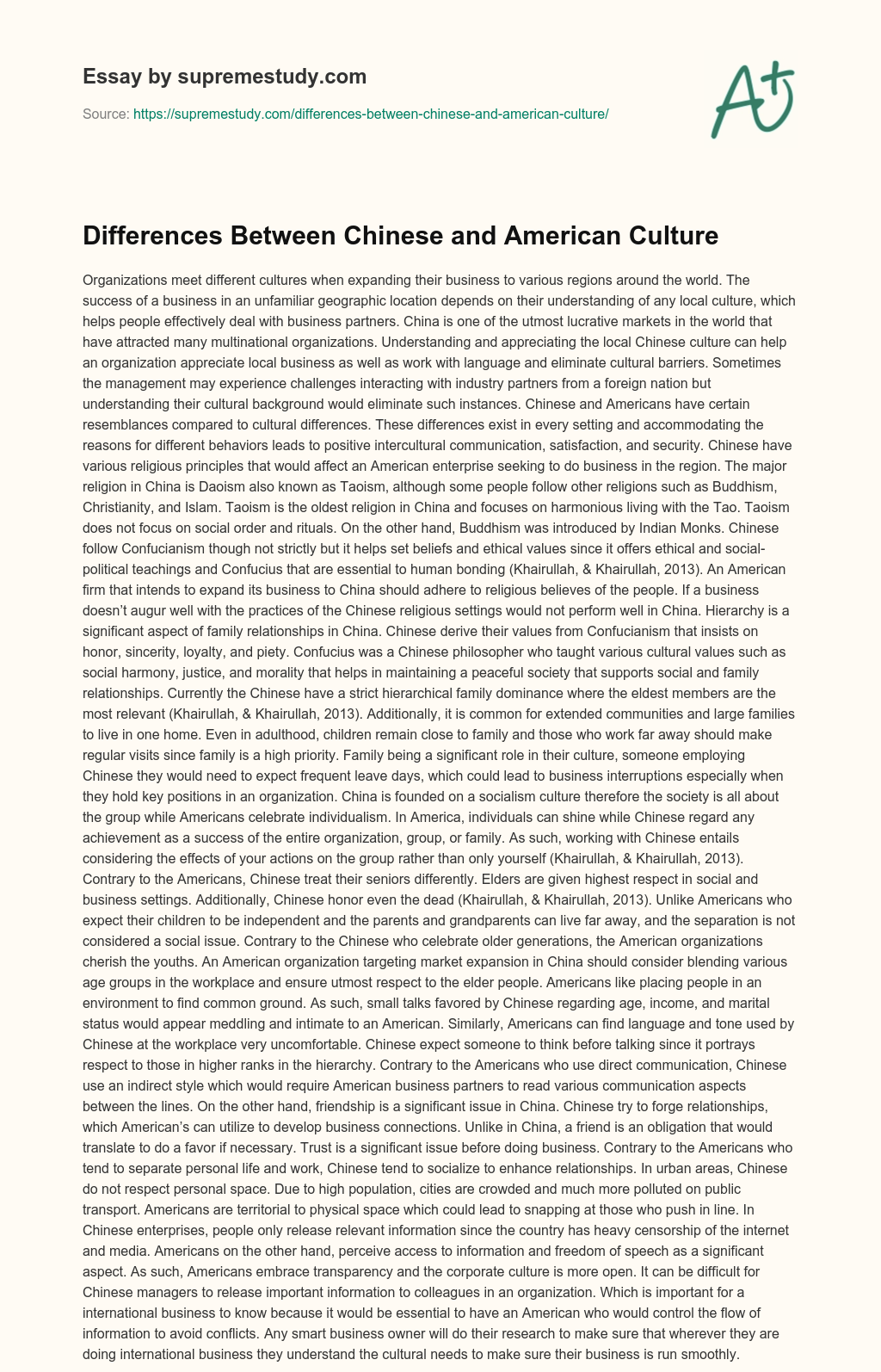 Differences Between Chinese and American Culture essay