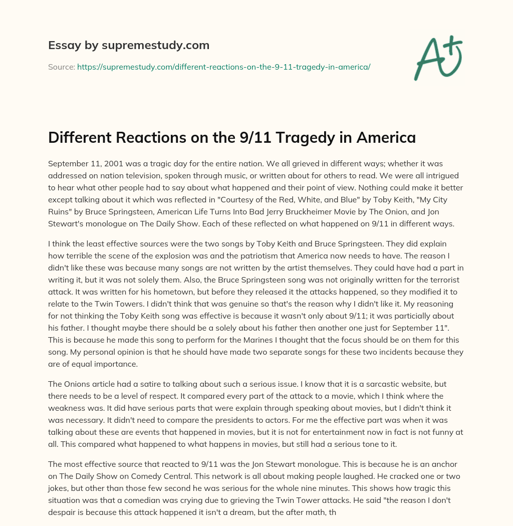Different Reactions on the 9/11 Tragedy in America essay