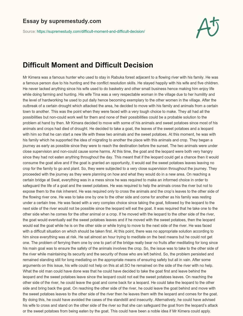 Difficult Moment and Difficult Decision essay