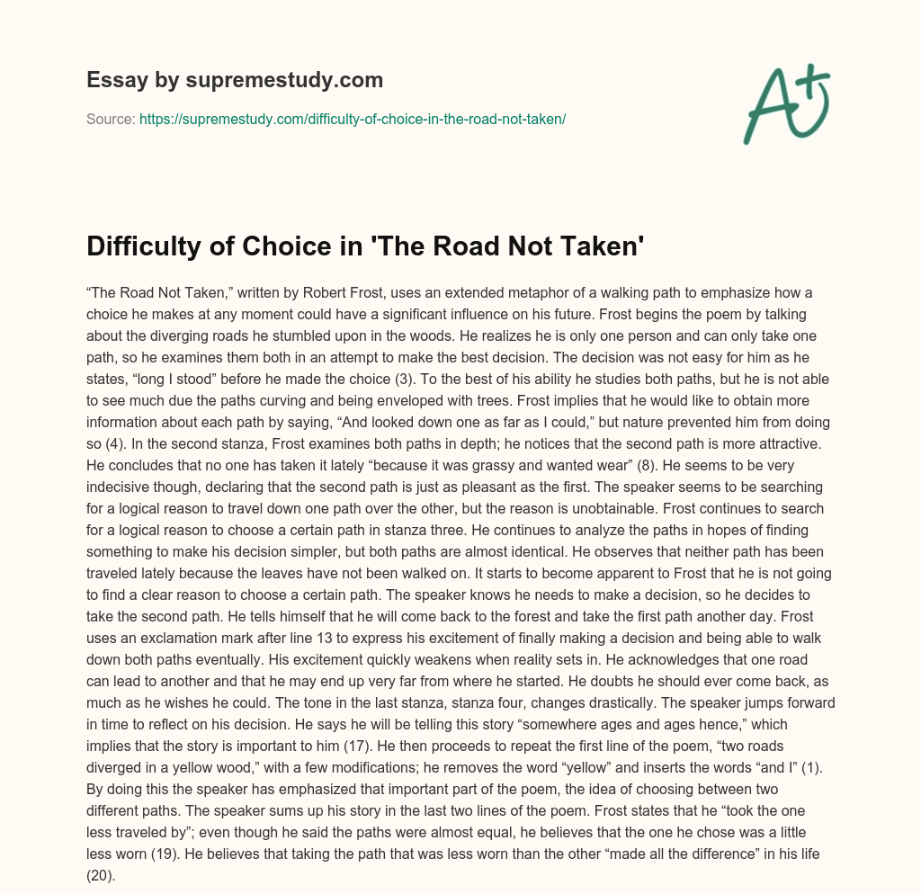 Difficulty of Choice in ‘The Road Not Taken’ essay