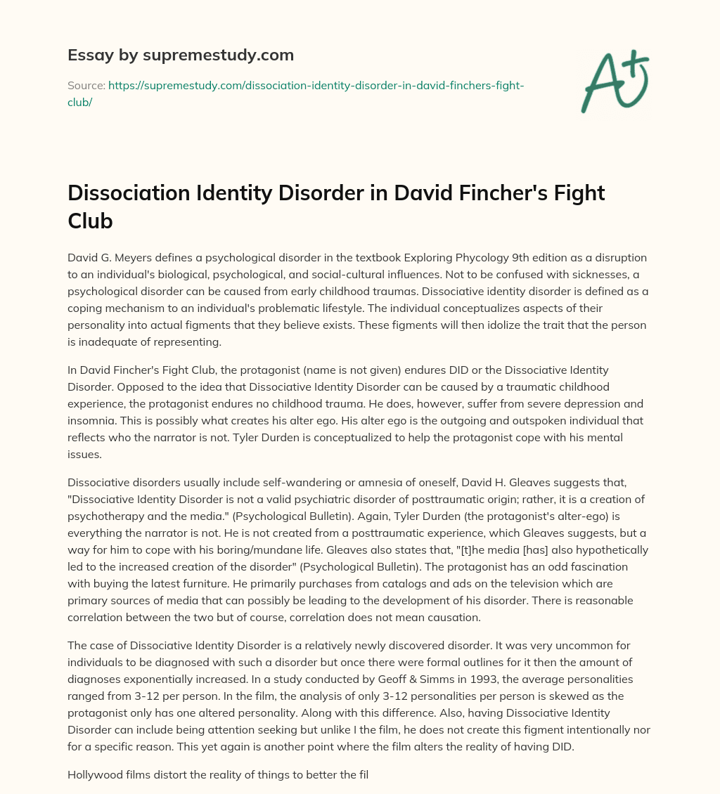 Dissociation Identity Disorder in David Fincher’s Fight Club essay