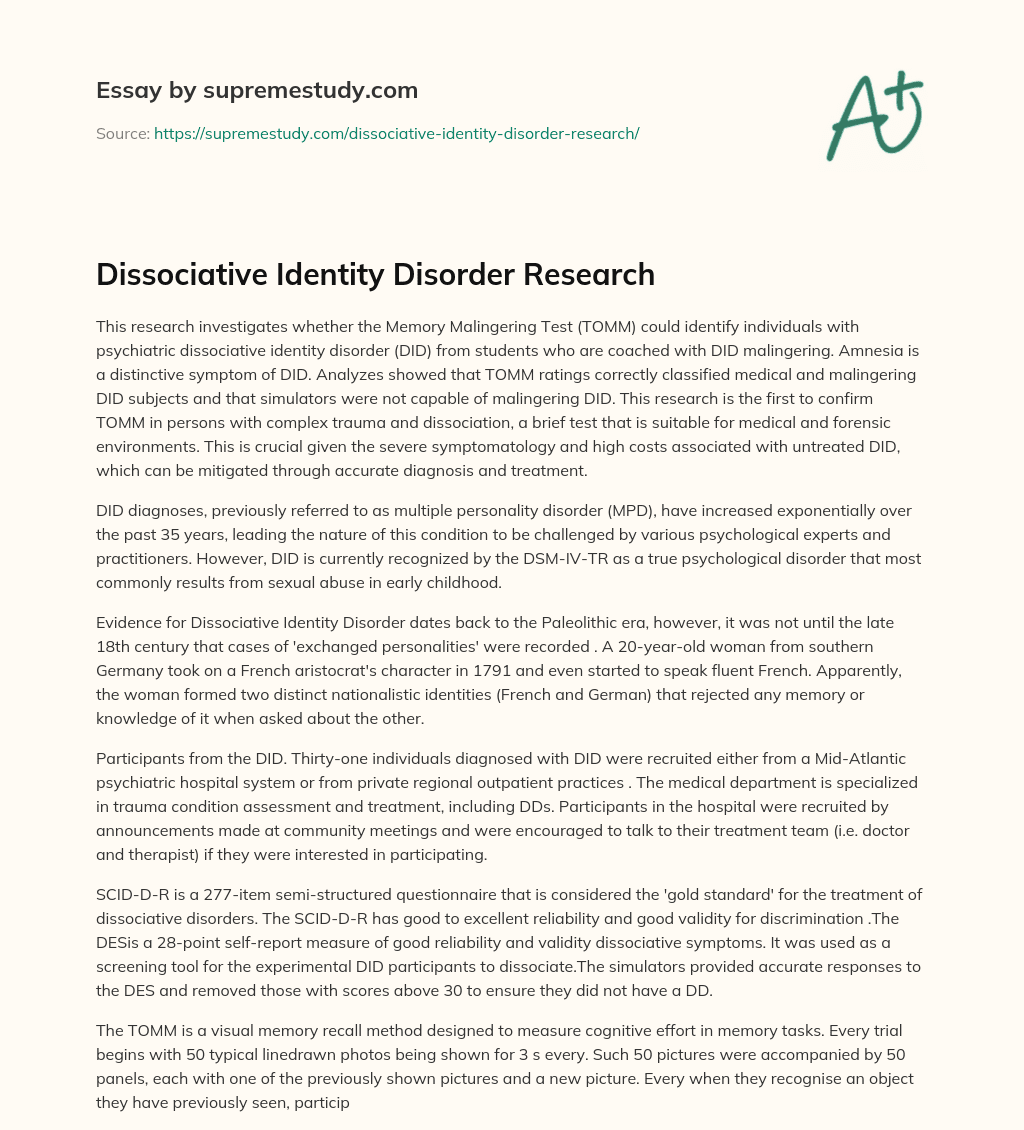 Dissociative Identity Disorder Research essay