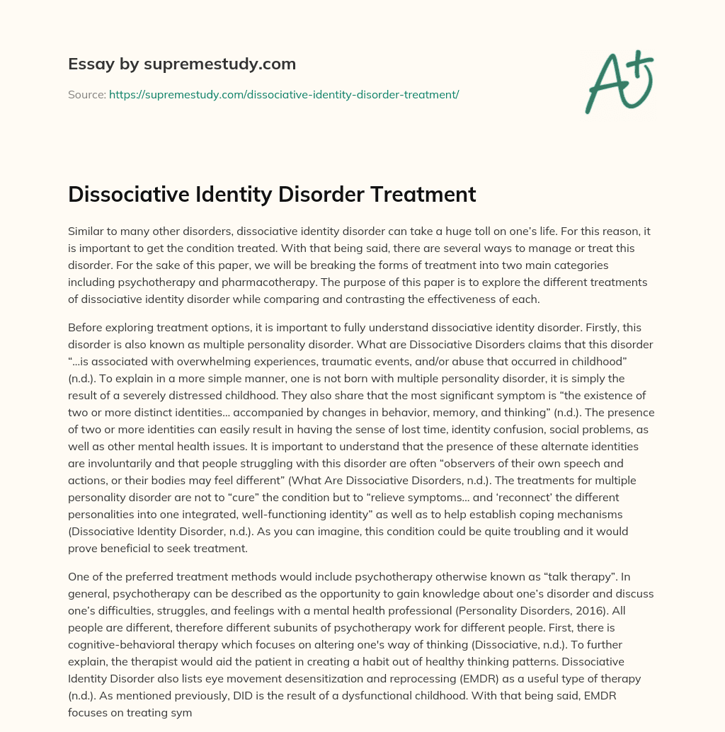 Dissociative Identity Disorder Treatment  essay