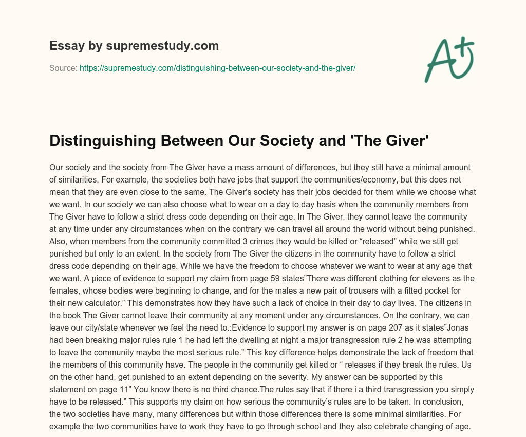 Distinguishing Between Our Society and ‘The Giver’ essay