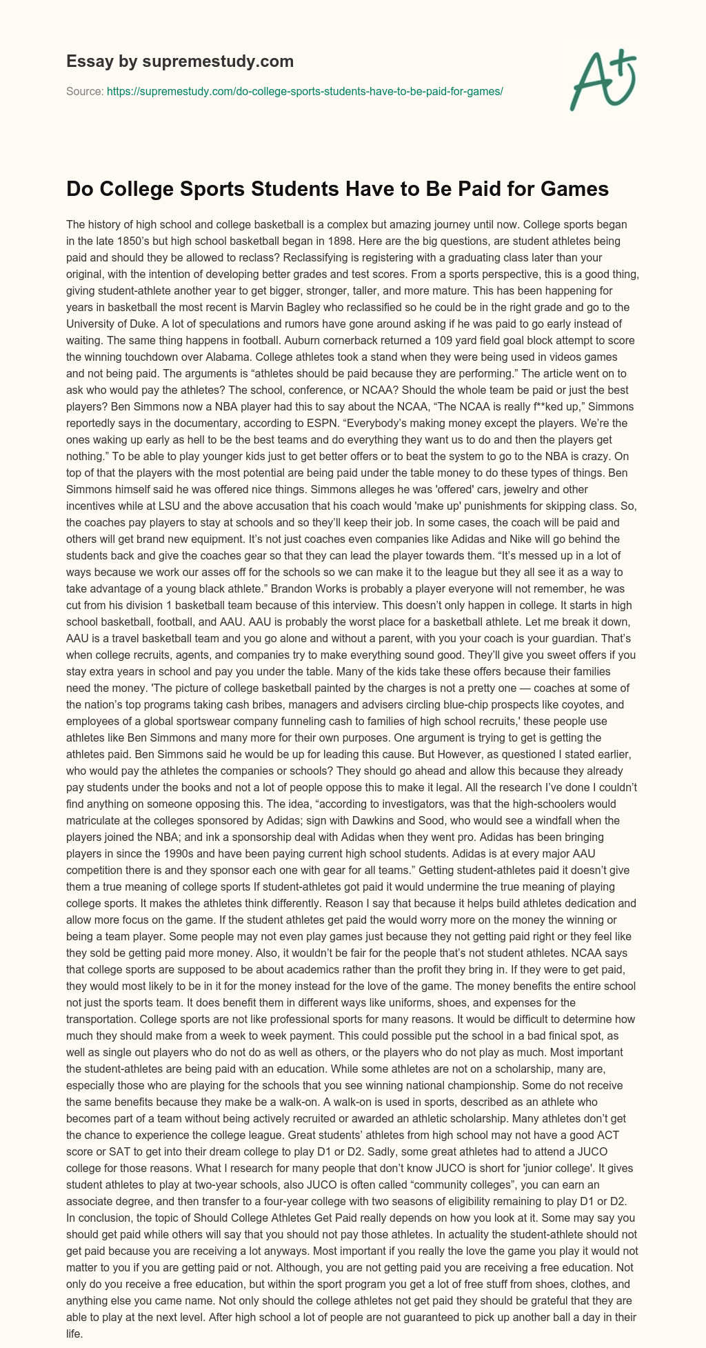 Do College Sports Students Have to Be Paid for Games essay