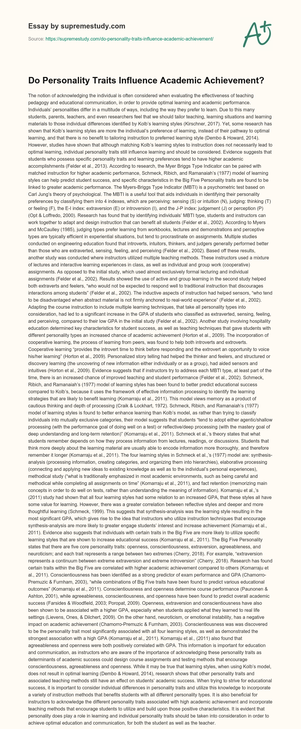 Do Personality Traits Influence Academic Achievement? essay