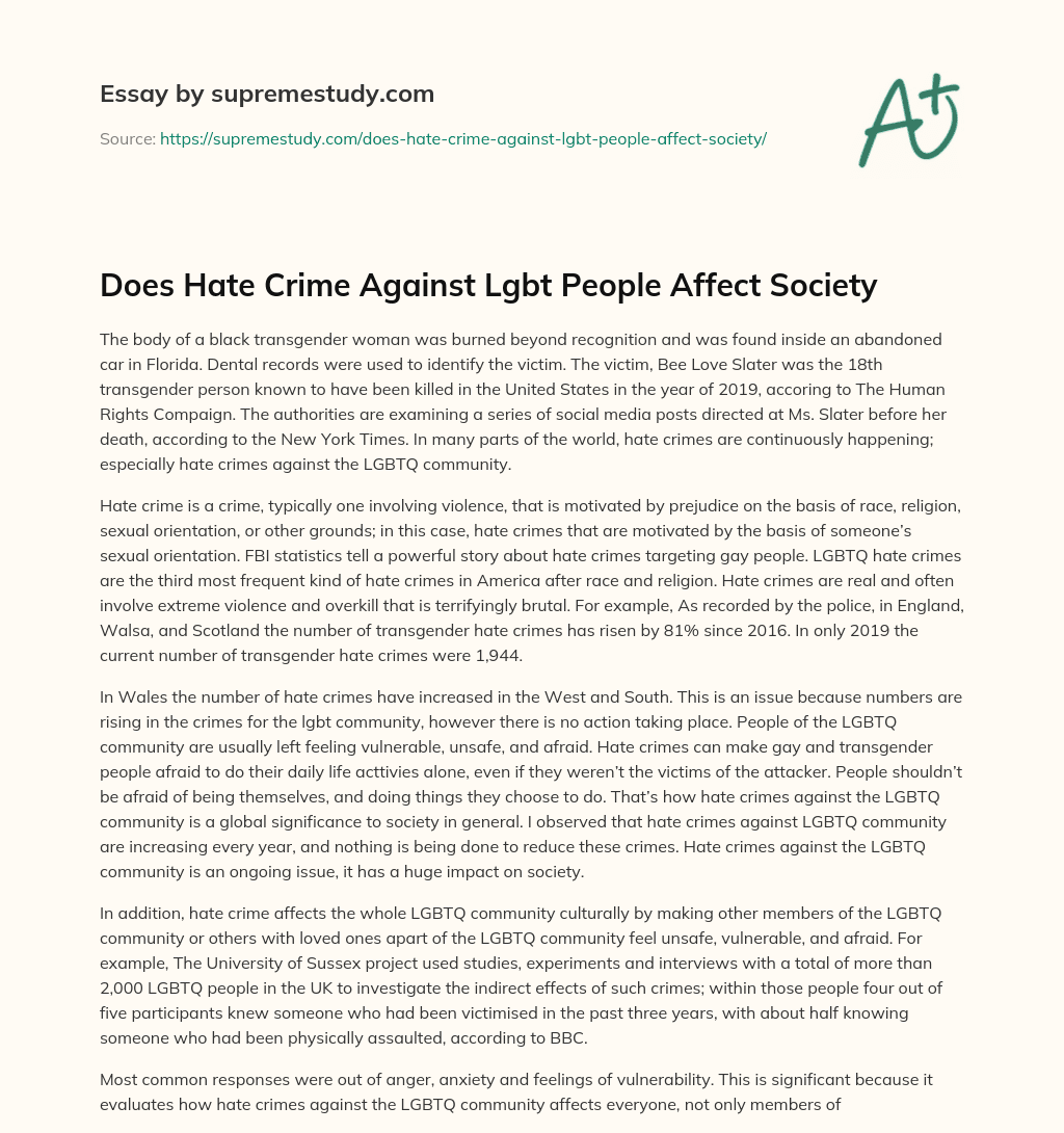 Does Hate Crime Against Lgbt People Affect Society  essay