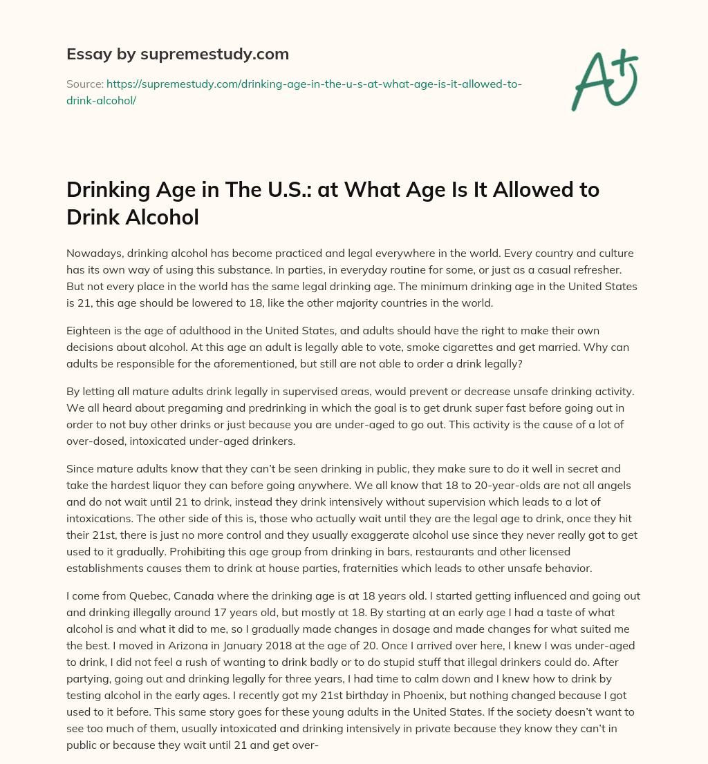 Drinking Age in The U.S.: at What Age Is It Allowed to Drink Alcohol essay