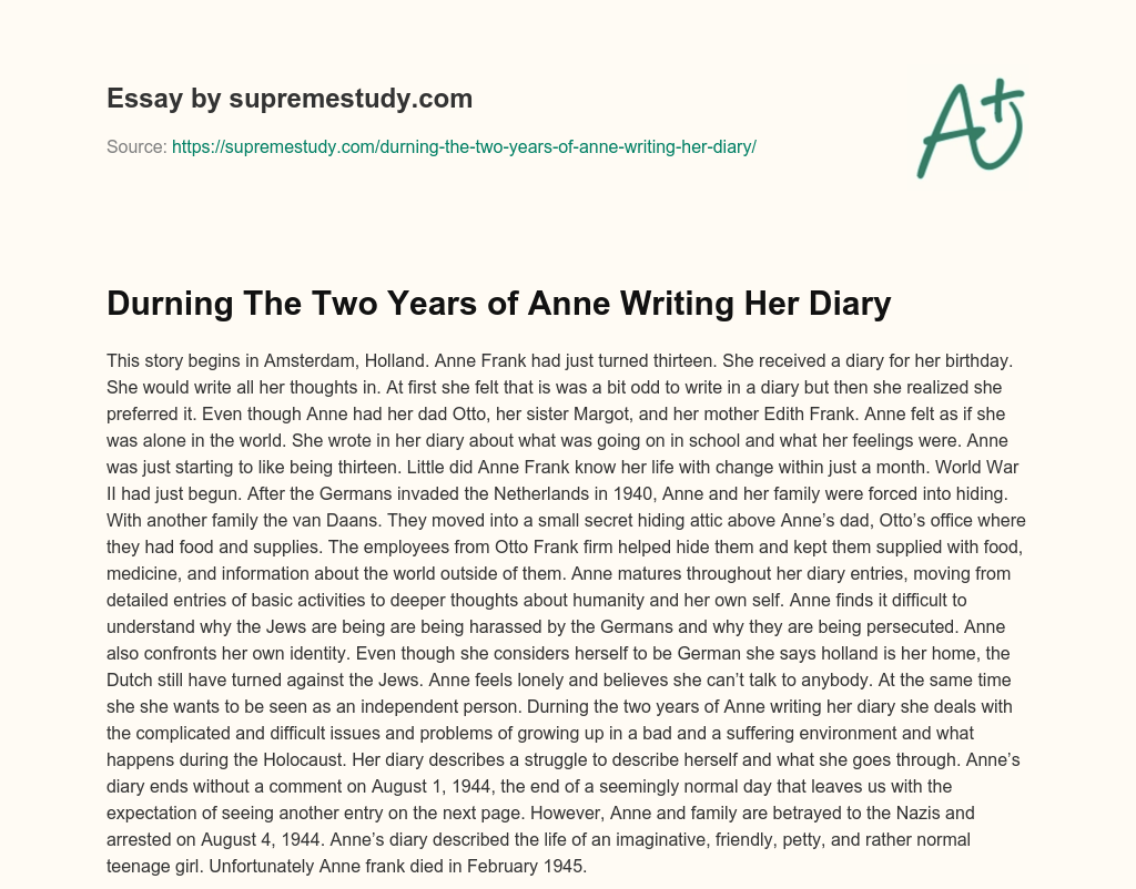 Durning The Two Years of Anne Writing Her Diary essay