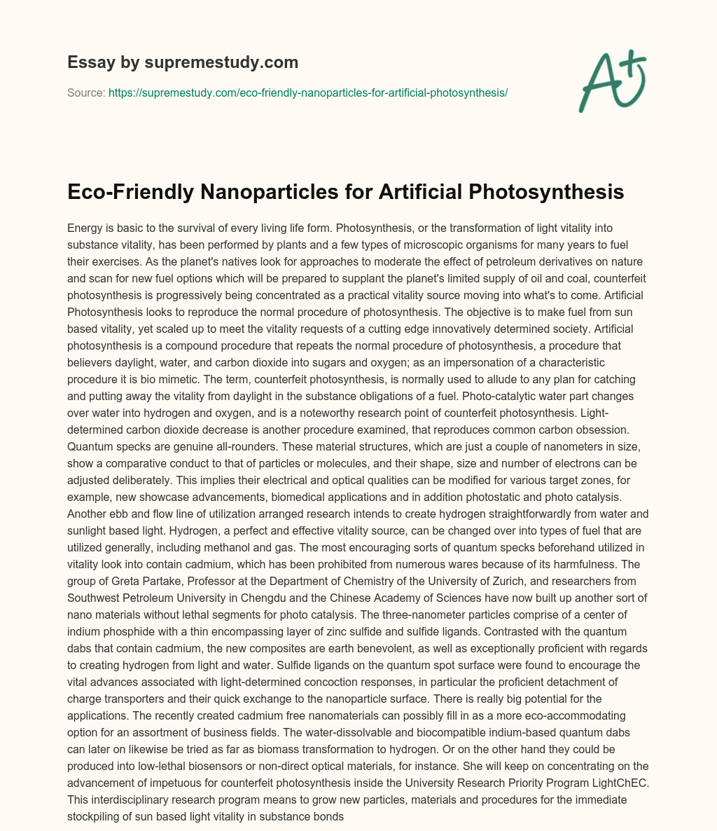 Eco-Friendly Nanoparticles for Artificial Photosynthesis essay