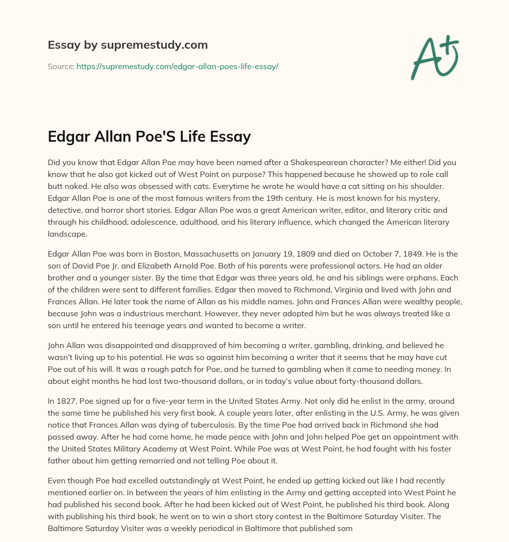 Edgar Allan Poe’S Life Essay essay