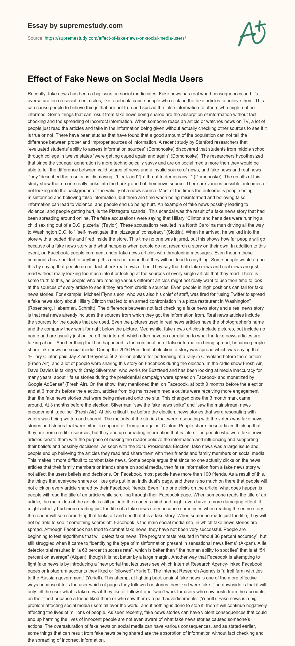 Effect of Fake News on Social Media Users essay