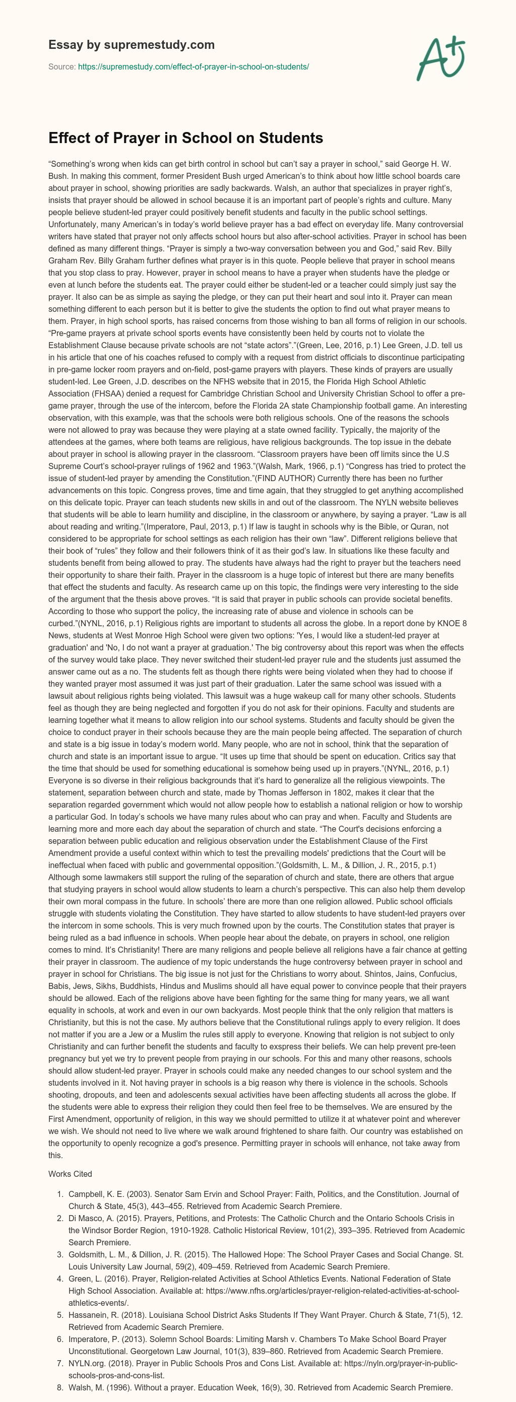 Effect of Prayer in School on Students essay