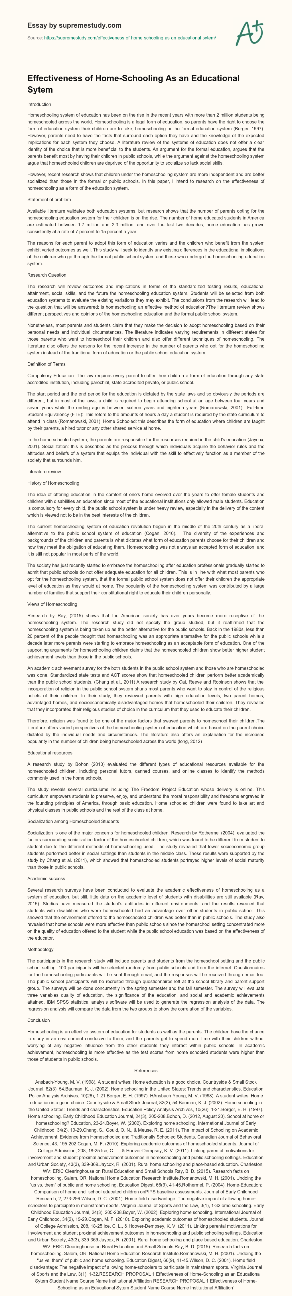 Effectiveness of Home-Schooling As an Educational Sytem essay