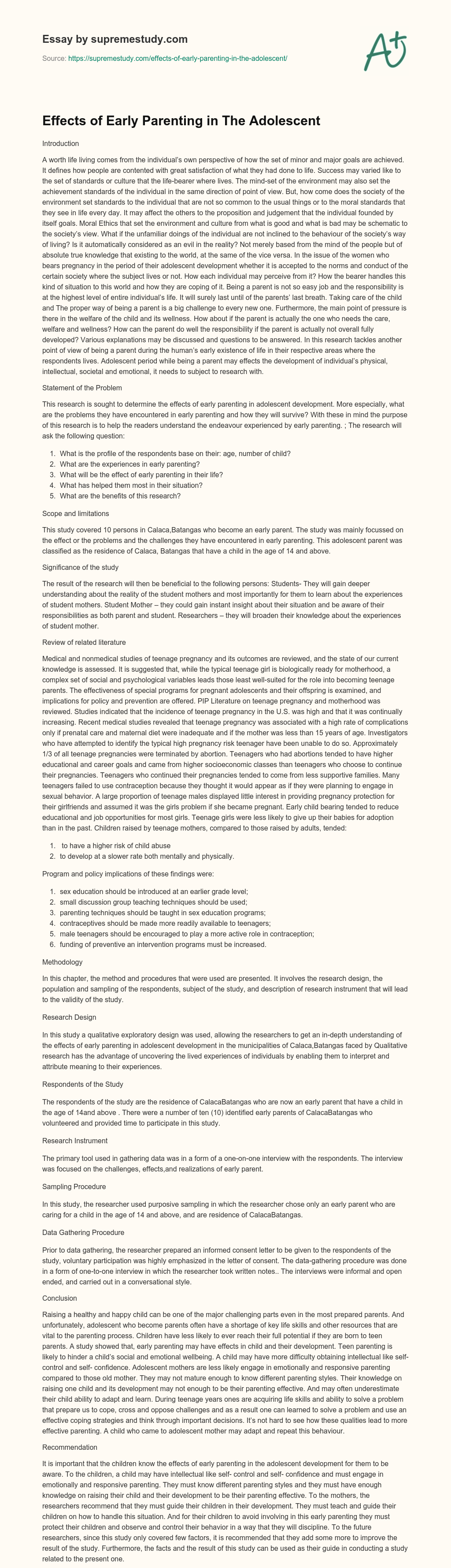 Effects of Early Parenting in The Adolescent essay