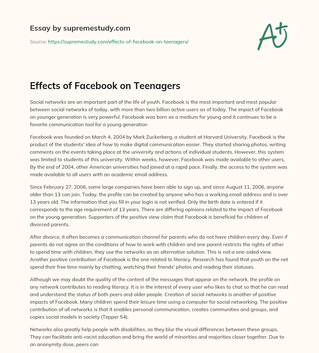 Effects of Facebook on Teenagers essay
