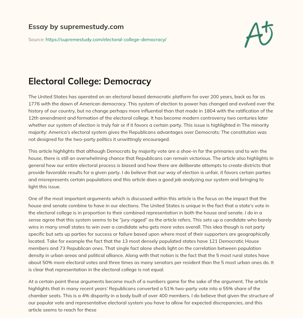 Electoral College: Democracy essay