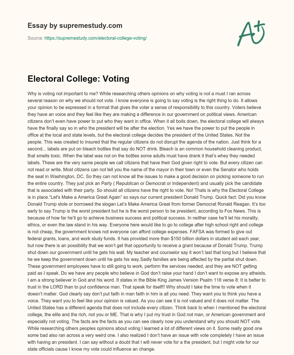 Electoral College: Voting essay