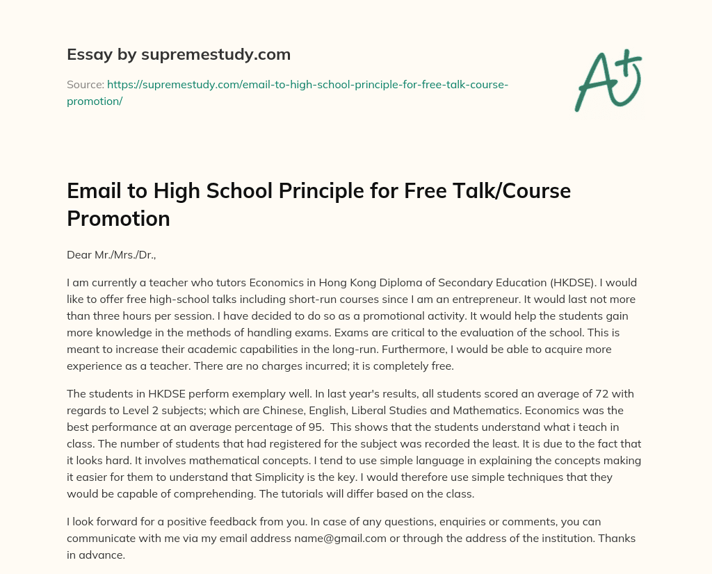 Email to High School Principle for Free Talk/Course Promotion essay