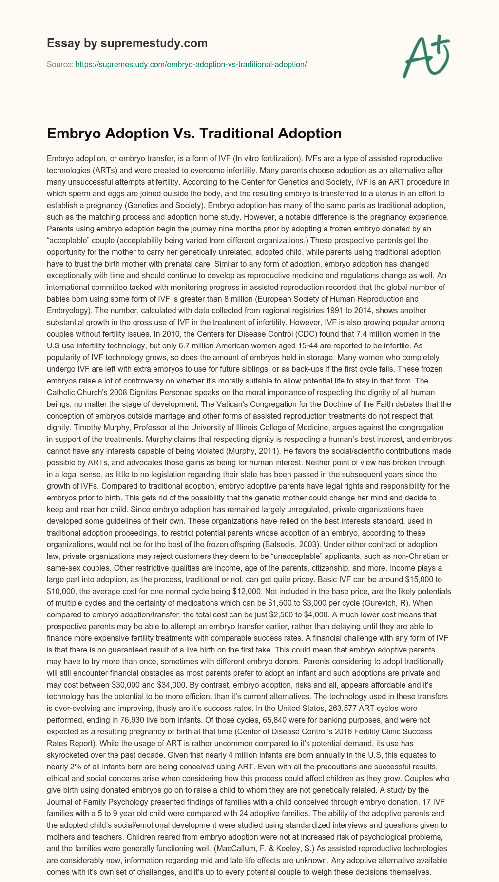 Embryo Adoption Vs. Traditional Adoption essay