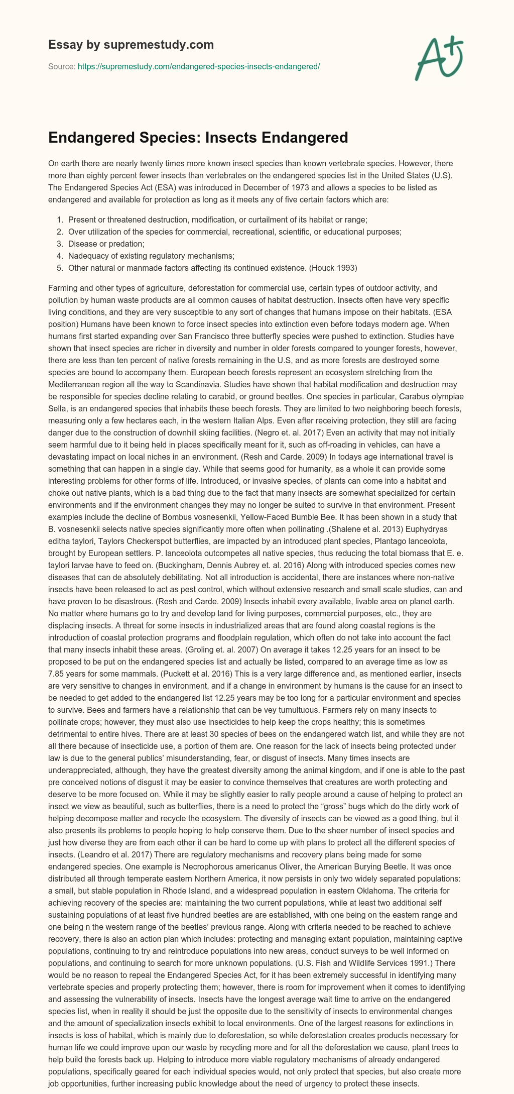 Endangered Species: Insects Endangered essay