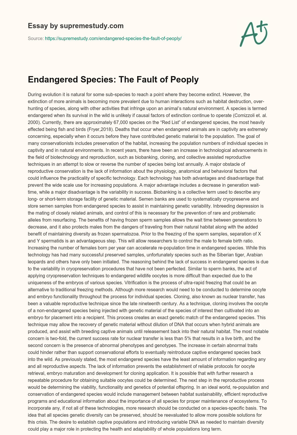 Endangered Species: The Fault of Peoply essay