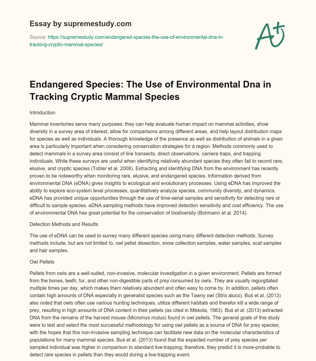 Endangered Species: The Use of Environmental Dna in Tracking Cryptic Mammal Species essay