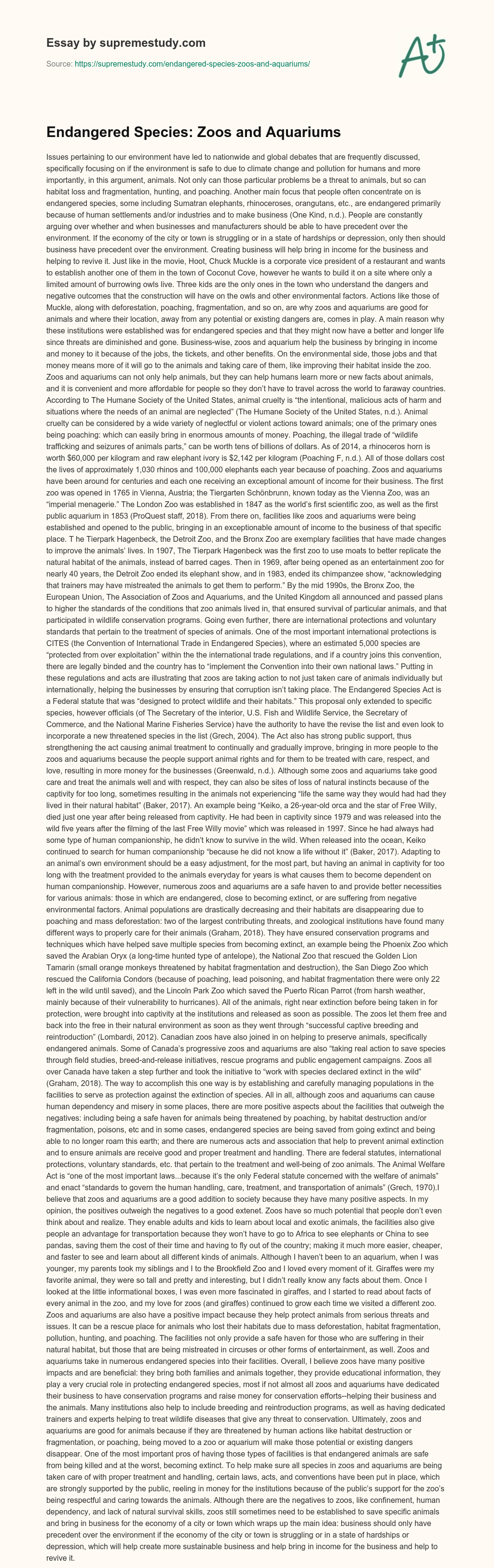 Endangered Species: Zoos and Aquariums essay