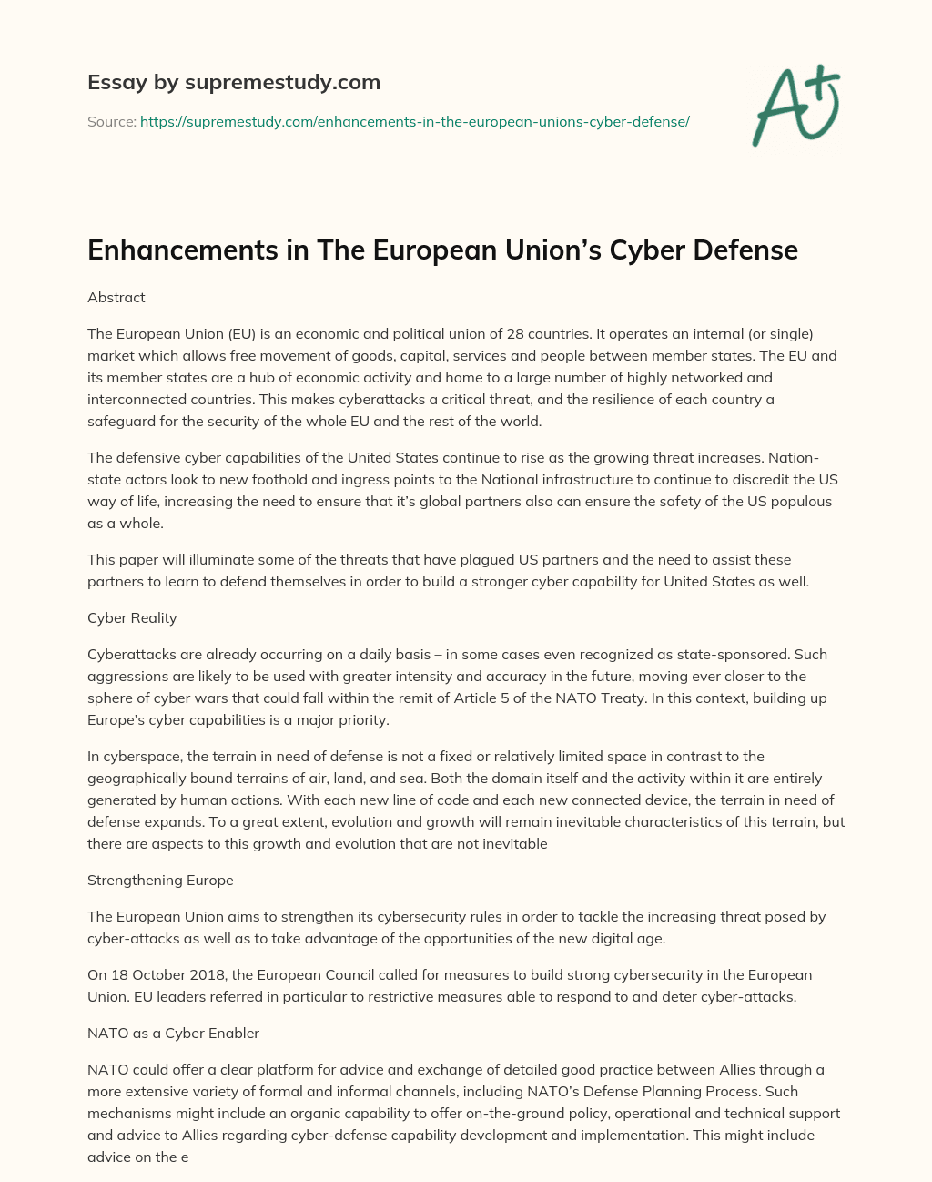 Enhancements in The European Union’s Cyber Defense essay