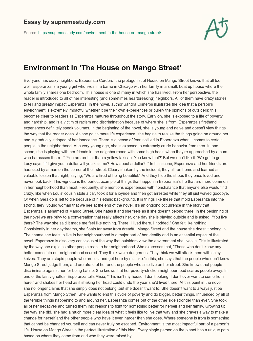 Environment in ‘The House on Mango Street’ essay
