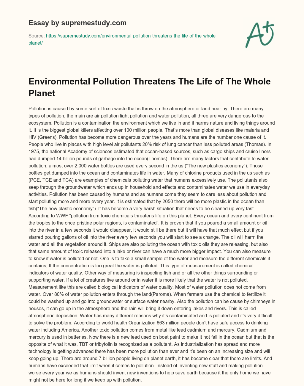Environmental Pollution Threatens The Life of The Whole Planet essay