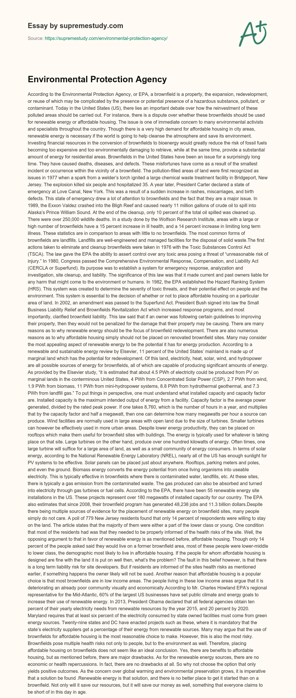 Environmental Protection Agency essay