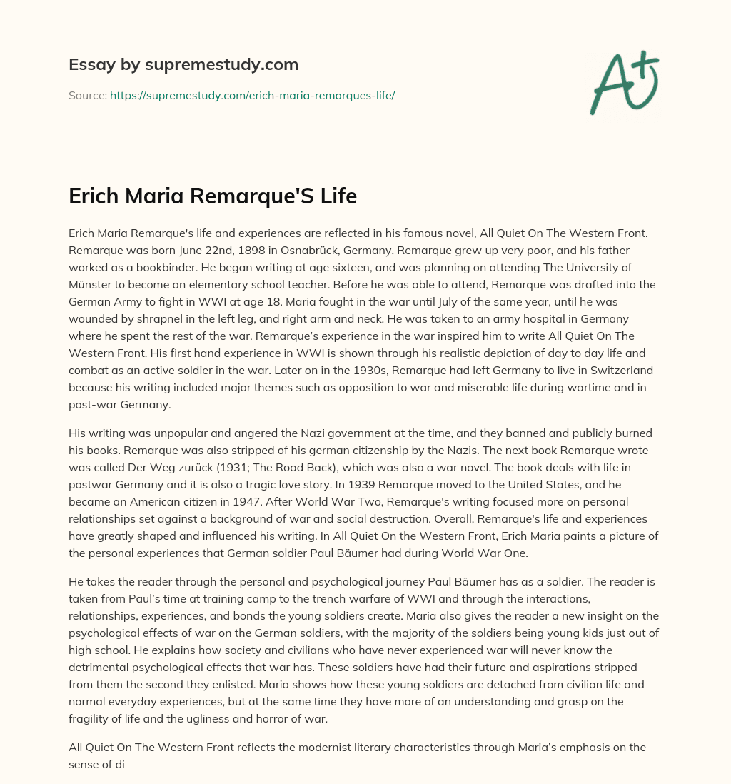 Erich Maria Remarque’S Life essay
