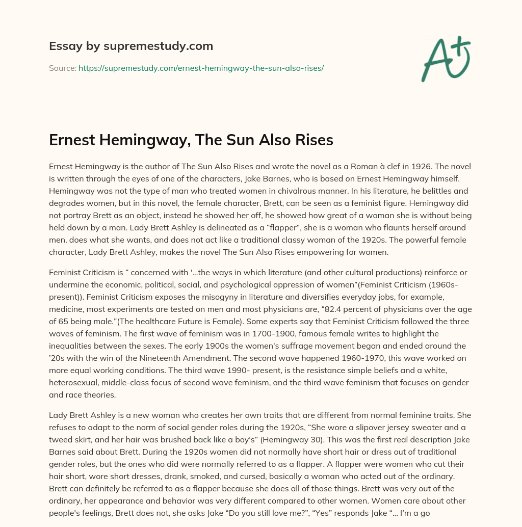 Ernest Hemingway, The Sun Also Rises essay