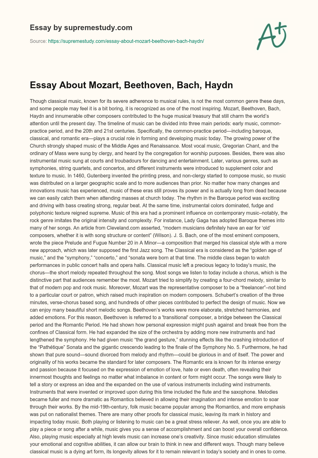 Essay About Mozart, Beethoven, Bach, Haydn essay