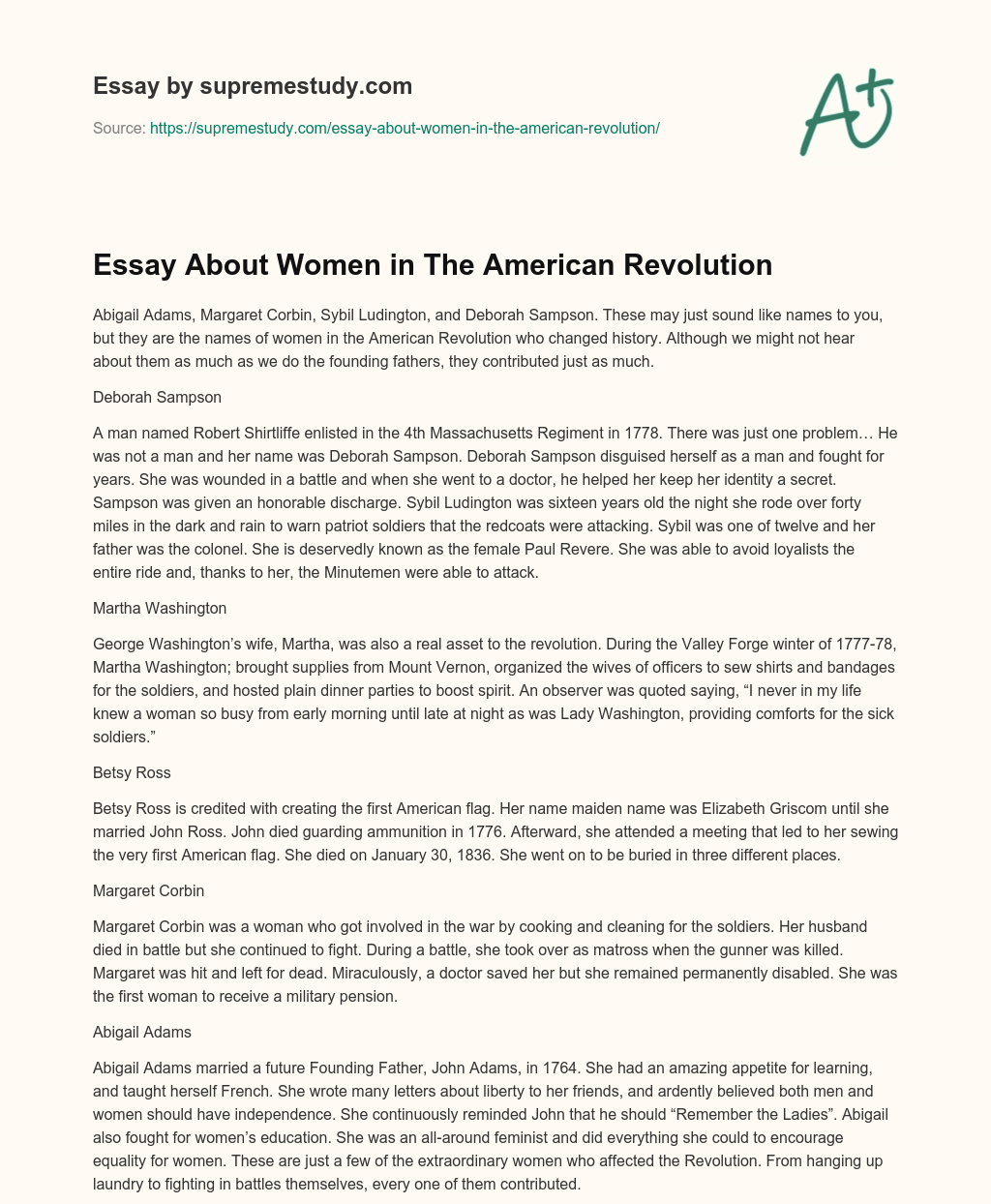 Essay About Women in The American Revolution essay