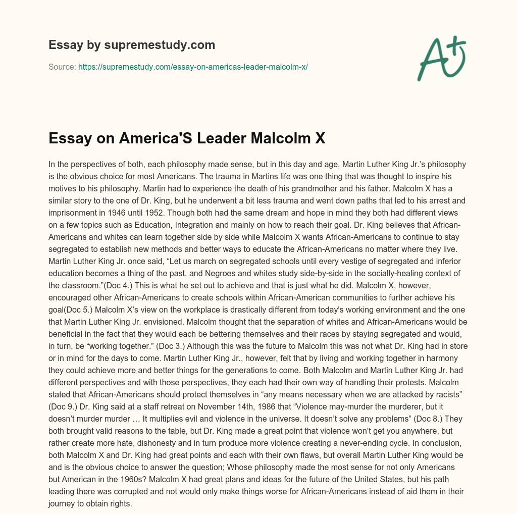 Essay on America’S Leader Malcolm X essay