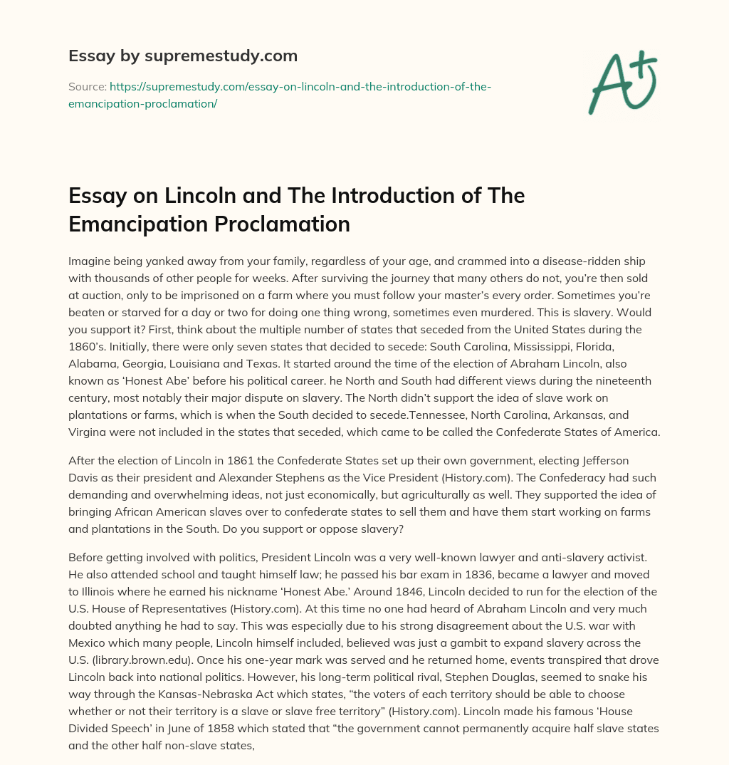 Essay on Lincoln and The Introduction of The Emancipation Proclamation essay