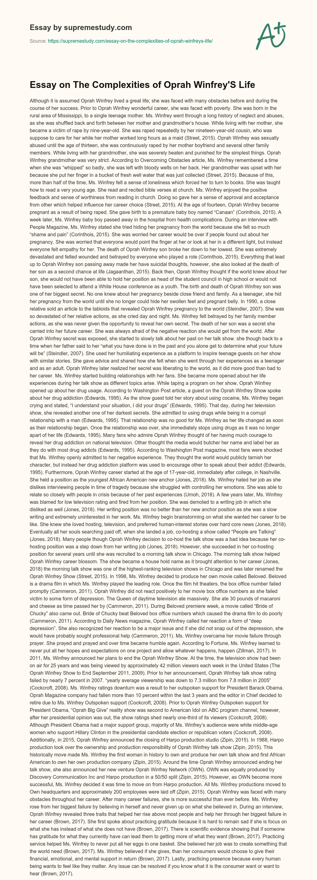 Essay on The Complexities of Oprah Winfrey’S Life essay